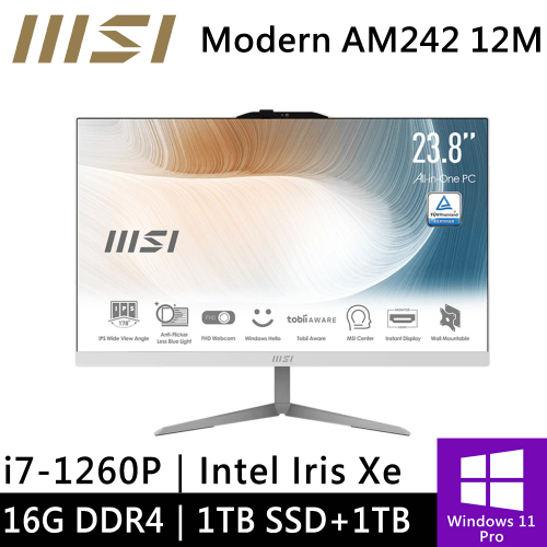 微星 Modern AM242 12M-442TW-SP1 24型 白(i7-1260P/16G DDR4/1TB PCIE+1TB HDD/W11P)特仕版